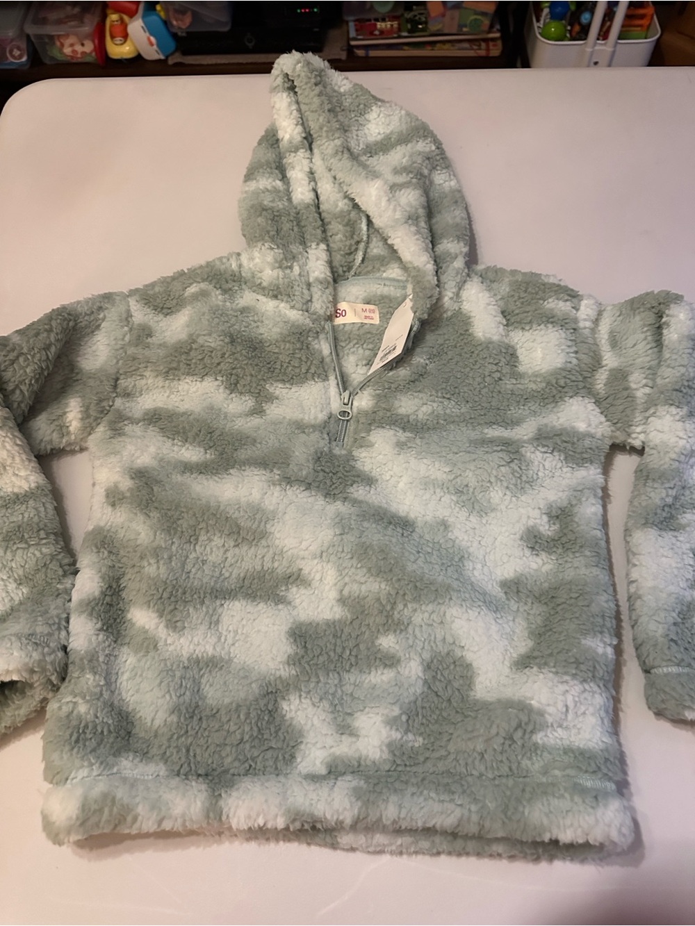 SO Kids Light Sage and White Hooded Sherpa Pullover Jacket
